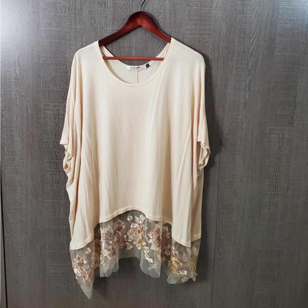 Origami Cream Embroidered Hem Rhinestones Tunic One Size